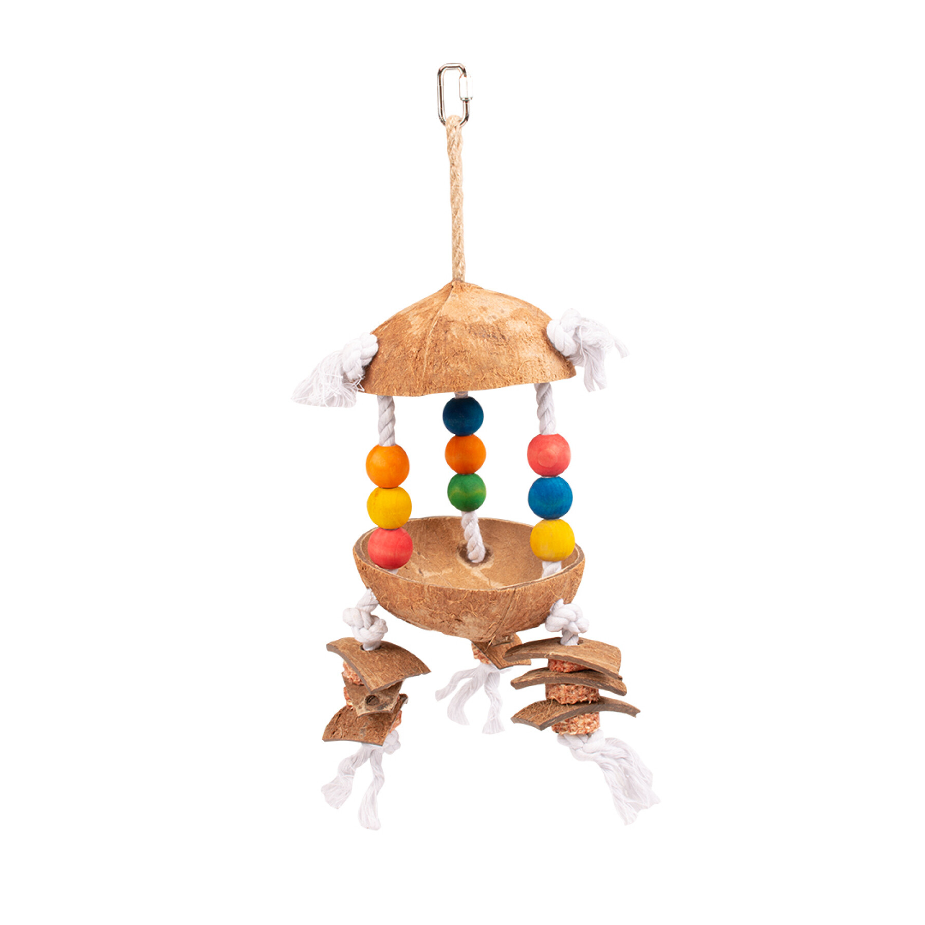 Uccello giocattolo colorato con noce di cocco e cubetti su cordoncino Duvoplus